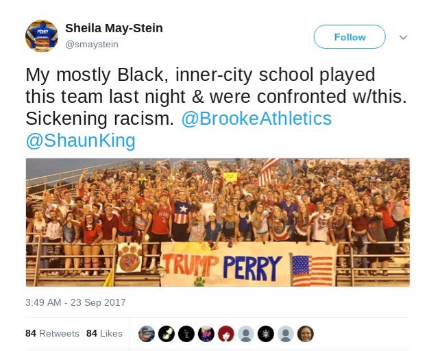 Perry High School librarian tweeted after she saw the image of the Brooke High School student section with the Trump Perry banner. Brooke High School defeated Perry 34-20  and no altercations occurred because of the sign.