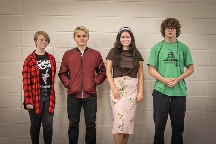 From left to right: Kyleigh Reeves, Cole Jeffries, Olivia Armstrong, Sam Mann. Four students are wearing some trends of 2019.
