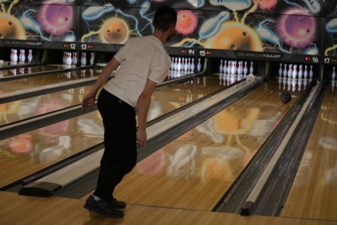 Senior Austin Hale bowling in the first bakers match. Nov. 10, Bullitt East lost against PRP with a score of 436-296, Chargers. “I feel that we played pretty well. I mean, PRP is a hard team to beat; they are probably the best in the state, and its going to take a lot of practice and consistency in our players to keep up with them. Some kids kept it real most of the time, but other kids lost their cool because they got frustrated, because bowling is a hard sport. Its all mental,” Hale said.