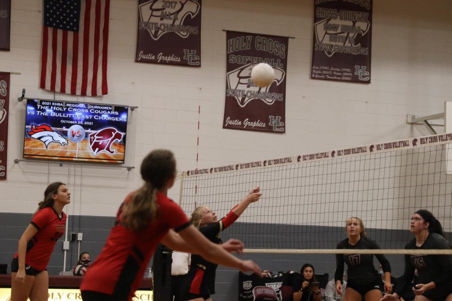 Senior Libero McKenna Humphrey moves up to the net to save the ball. We left it all on the floor. I just wish the outcome was different, Humphrey said. 