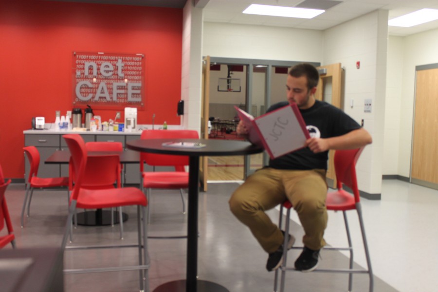 Collin Britt in Net Cafe on his first day of JCTC. JCTC has allowed students to have a flexible learning experience. "I i want to stay at BE for JCTC because its my senior year and I want to make it as memorable as possible." says Britt.