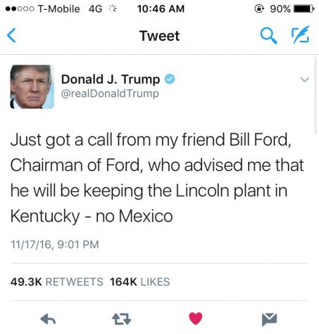 Trump's tweet taking credit for keep the Lincoln production in Kentucky. 