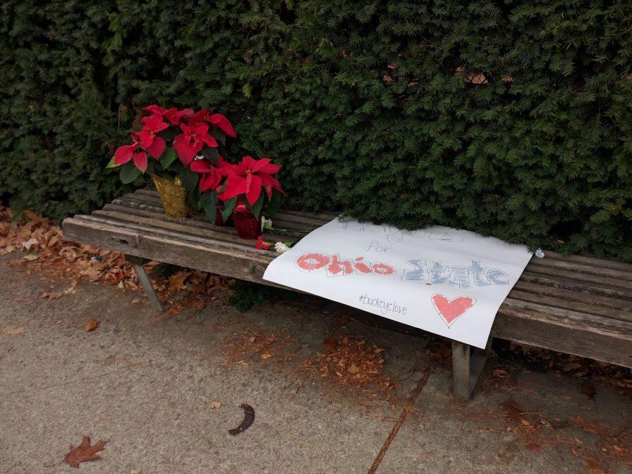 This sign was left outside of Watts Hall in dedication of the Ohio State University attack.