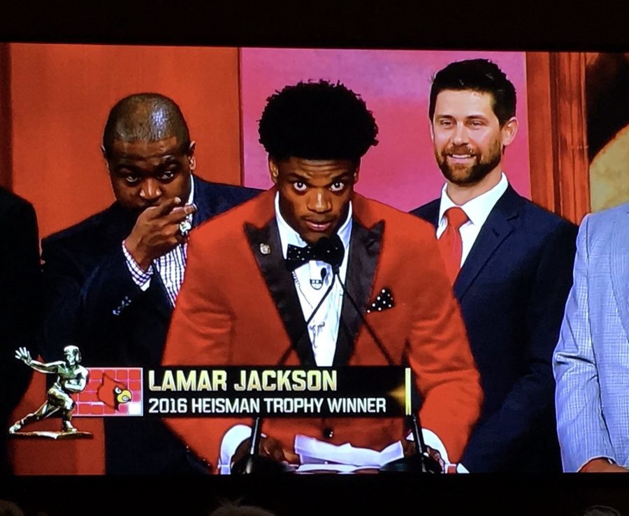 Lamar Jackson giving his acceptance speech after being announced the winner. 