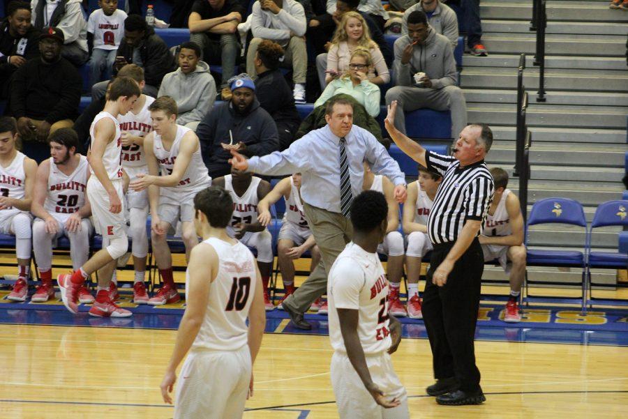 Coach Jason Couch yelling at the referee about foul calls. The Chargers were defeated by Ballard Friday night at the LIT.