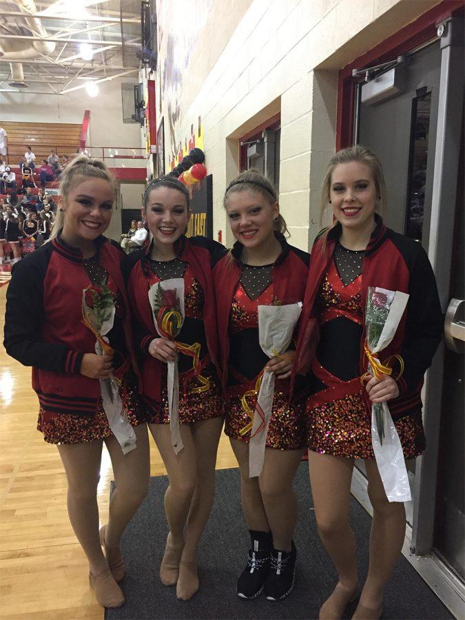 Brae Fredericks, Kyarra Carol, Lexi Hutchinson, and Emily Wiseheart on their senior night.
Photo submitted by Lexi Hutchinson