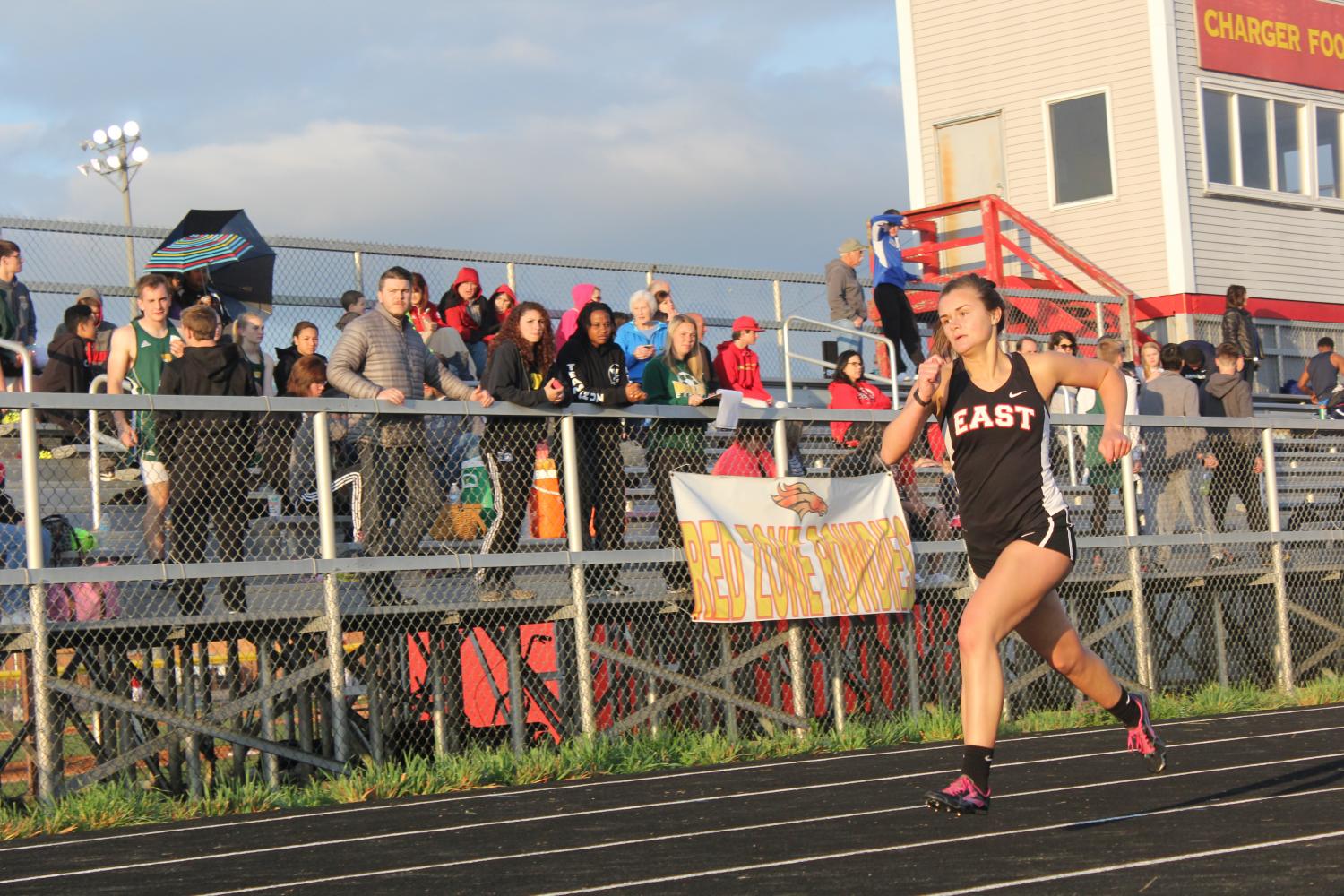 Senior Claire Feldhaus runs for the Bullitt East track team. Feldaus would have competed in the girls 4x400 meter relay at state, but it was cancelled due to bad weather.