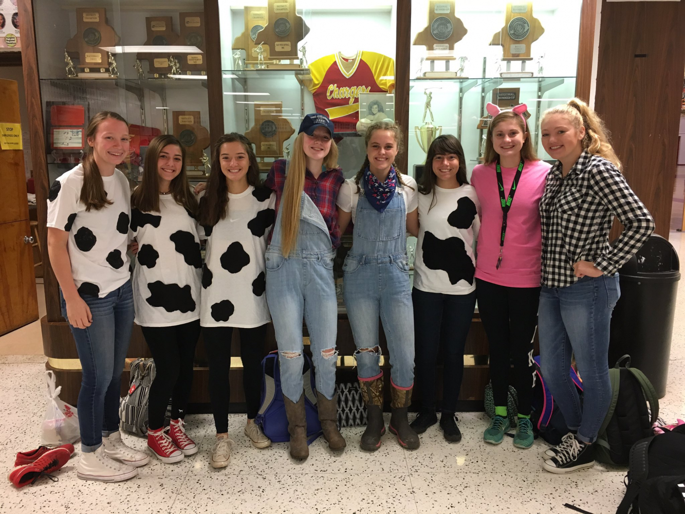 Freshmen Caroline Scott, Lexi Star, Selena Granado and Alana Pierce,  sophomore Kennedy Griffin, juniors Emmy Ralph and Allie Rae Thompson and senior Kathleen Scott dressed up for Mondays homecoming theme, farm day.