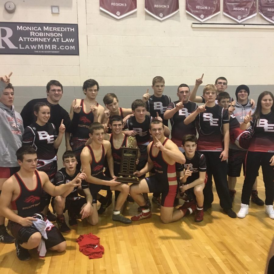 The BE Wrestling team after winning the Bullitt Cup last season at Bullitt Central. 