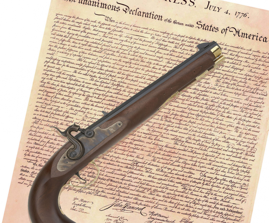 The second amendment is causing a lot of controversy in America: “a well regulated Militia, being necessary to the security of a free State, the right of the people to keep and bear Arms, shall not be infringed.”
Declaration of Independence, with Firearm by KAZ Vorpal (CC BY-SA)