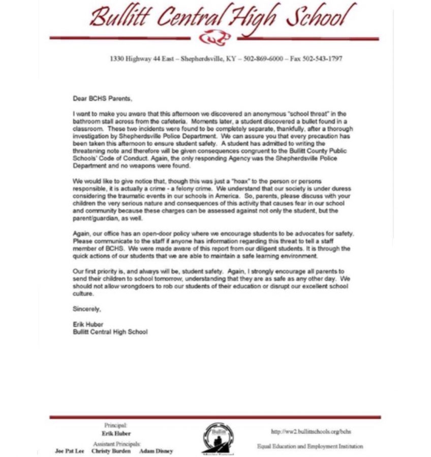 Principal Eric Huber of Bullitt Central wrote this letter to parents about the concerning events. 