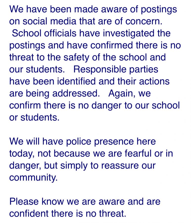 This email was sent to all staff and parents of students to assure the safety of the East community.