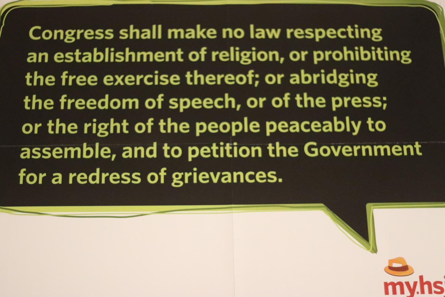 The first amendment of the Constitution. This protects the right to all Americans' religion, their statements, their protests and their publications.