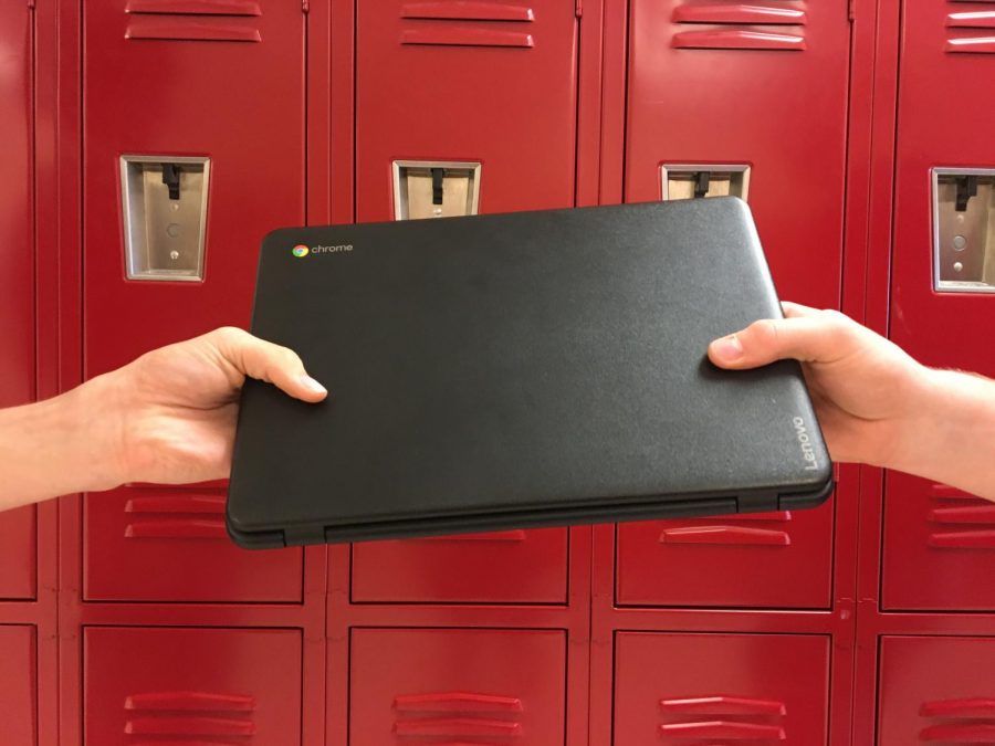 Student turning in their chromebook. Students are returning their chromebooks next week.