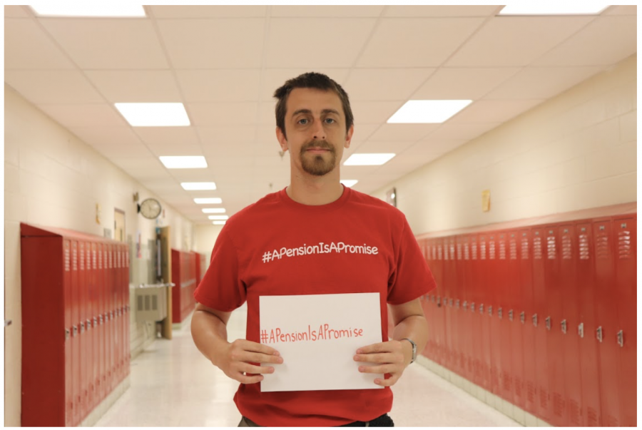 Teacher JT Lewis wearing his #APensionIsAPromise shirt. He also attended the rally in Frankfort. 