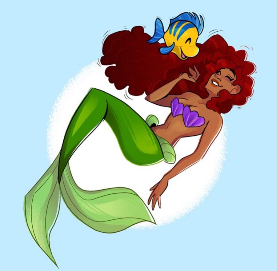 A doodle of a Halle Bailey as Ariel, drawn by Brittany Santos (@drawnbybrittany on Instagram).