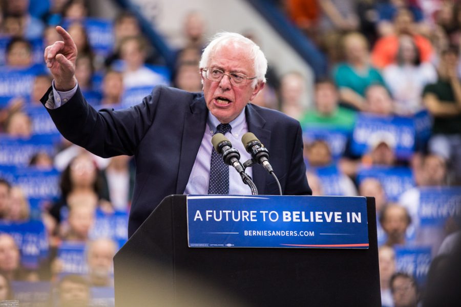 Sanders speaking at one of his rallies, campaigning for his grassroots foundation.