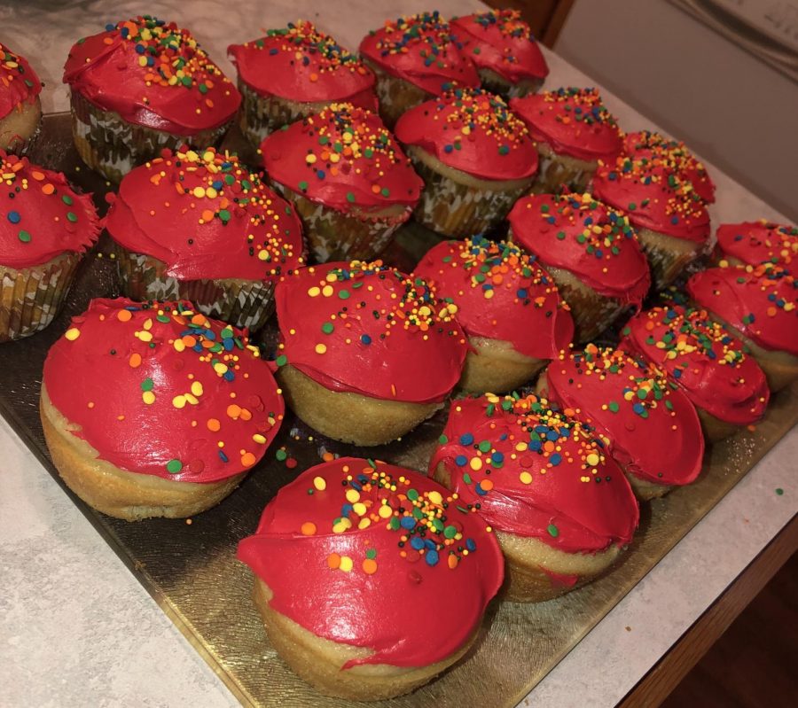 Vanilla cupcakes being prepped for a Friday night football game. Journalism and yearbook always set up a bake sale during home football games to raise money for the classes. After this photo was taken I set all the cupcakes in Ziploc fold top bags and tied them with curly ribbon so they will be ready to sell.