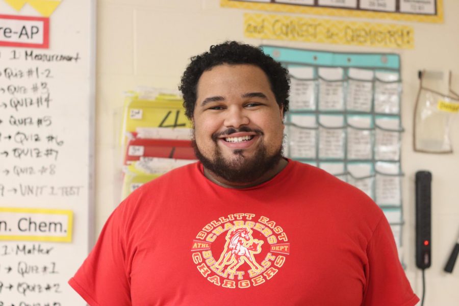 Trevor Swearingen has been teaching at Bullitt East for a little over a month and has already made himself home in a classroom that he and Lauren Battcher share. During his time here he has gone all out to show school spirit and that he cares for his students. I always loved to study as a kid and I used to read these flashcards that had these informational facts on them and I would like teach a class and so I thought I wasnt teaching at the time, I thought I was like being a broadcaster. Deep down I always wanted to be a teacher, ever since college I knew that I wanted to educate, inspire, inform and entertain, said Swearingen.