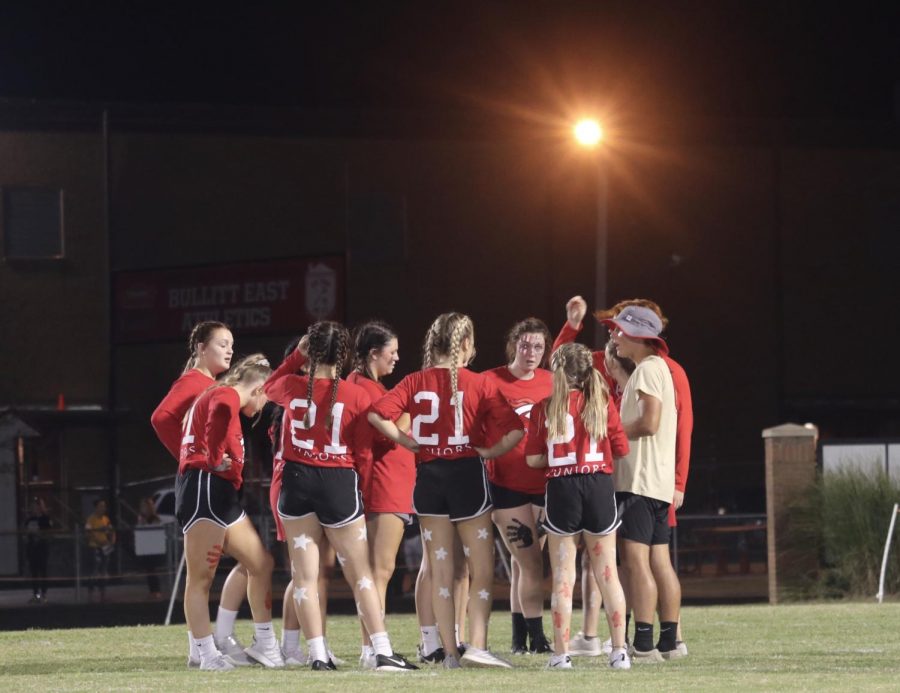 The junior powderpuff team huddled up tp discuss the winning play. Juniors won the game 28-18. 
The coaches prepared us very well and prepared many plays for us to get the win, said Junior Nevaeh Robinson  