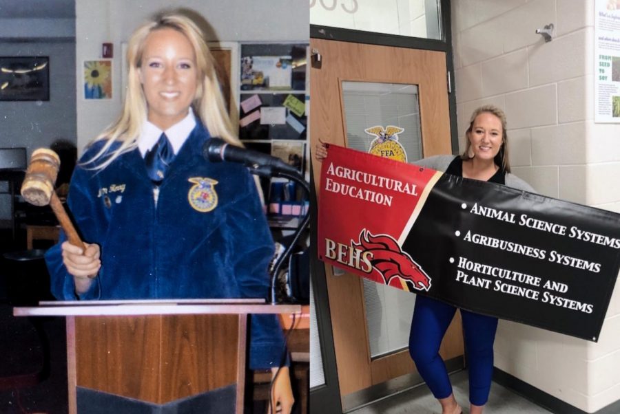 On the left, Megan McConnell poses in her FFA Official Dress when she served as president for her high schools FFA officer team. On the right shows McConnell carrying on the legacy by becoming an agriculture teacher and FFA advisor. I have done so many things that were outside of my comfort zone, especially the job that I had with National FFA and being president of an agricultural sorority in college, but taking on all those roles really helped me to be brave to take risks and setting up those leadership dynamics in me when running my own chapter, said McConnell.