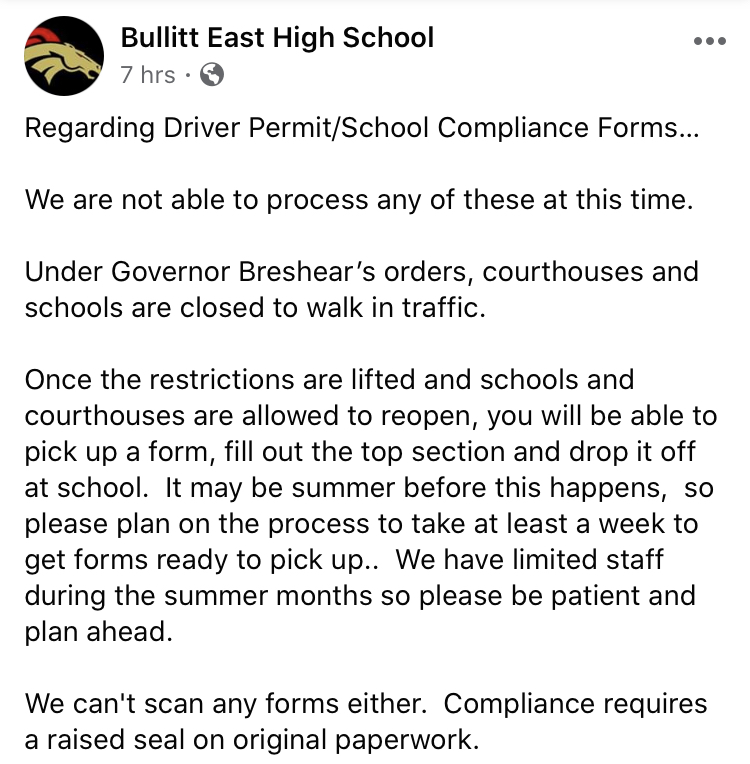 Post from Bullitt East High Schools Facebook Page.