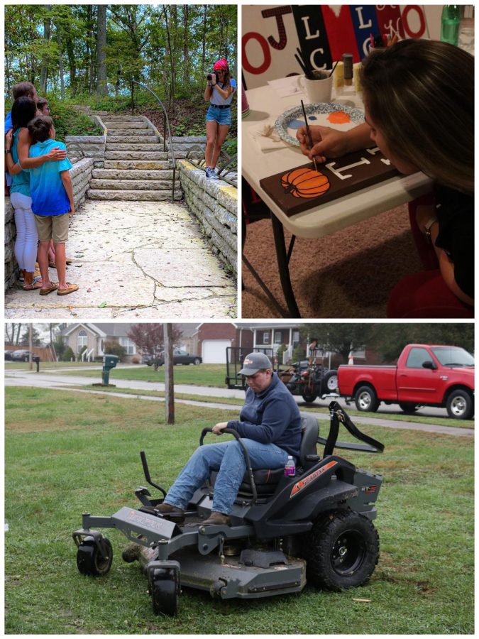 Junior Jacob Maggard mowing grass (bottom photo), junior Emma Wright taking photos (top left), and senior Bailey Korfhage hand-painting a porch leaner. These three students have all created businesses doing the three activities, you see above. "If you had asked me if my business was successful back when I started it, I would have said that it wasn't even a business. At first it really was just a way to make a little money, and give people these welcome and home signs, that brought some joy during the pandemic. Although, now, I am really getting into a successful business. It's profitable, but not overpriced, and I've had over 100 orders in four months," Korfhage said.