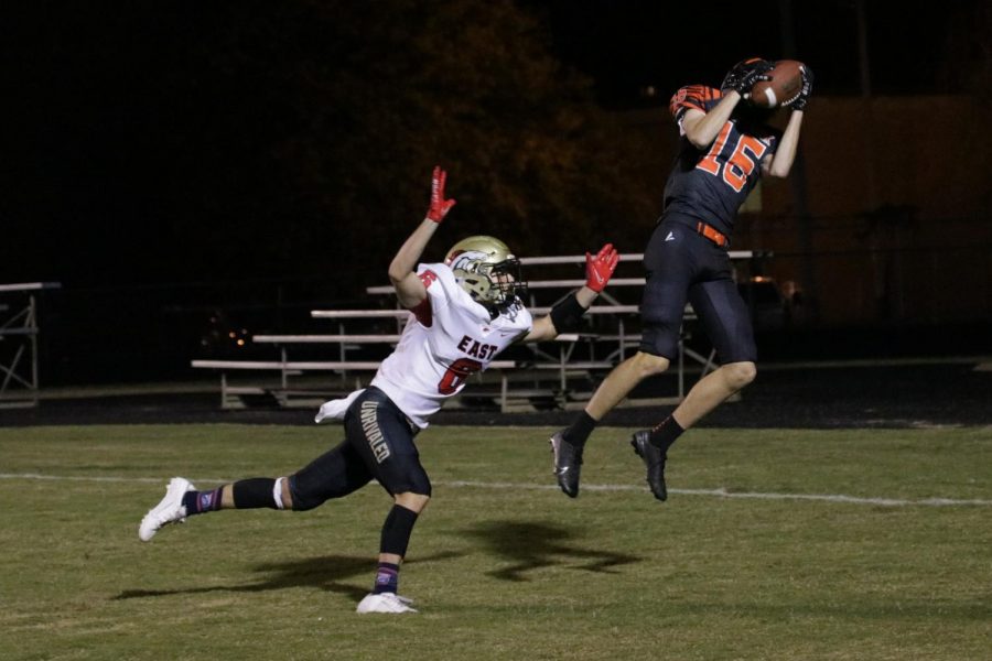 Senior Daniel Gilbert goes for the ball in the near end zone. Bullitt East let the game slip away from them with a few touchdowns in the game. 