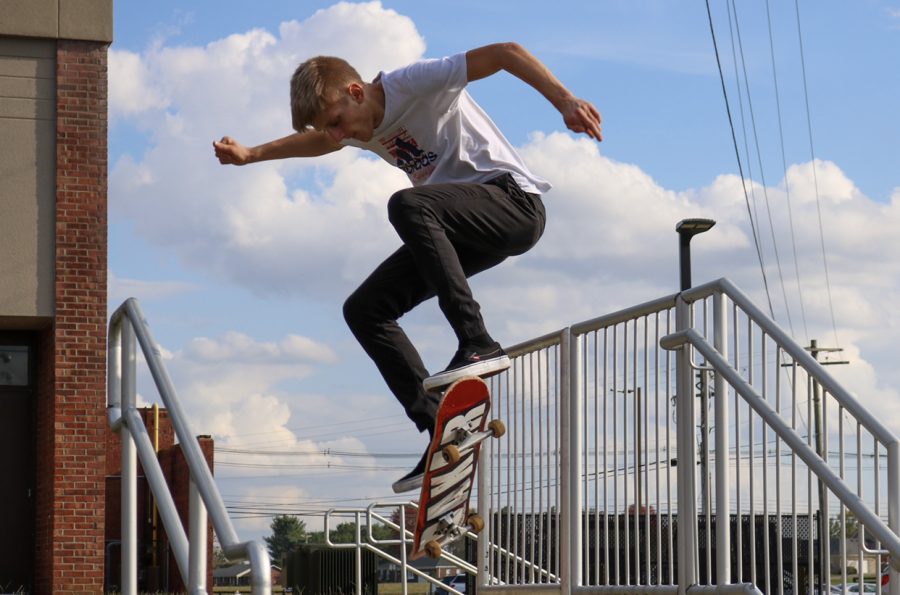 Junior Daniel Biggs doing an ollie over a staircase. Biggs has been skateboarding for around ten months, and he enjoys doing many tricks, such as the kickflip, and the ollie. “I enjoy skateboarding more myself, because Im actually skating. Yeah, I do (enjoy watching other skateboarders),” said Biggs, “My favorite trick is probably the kickflip. Probably my favorite one. (He likes) how difficult it is, and, like, how I can overcome that.”