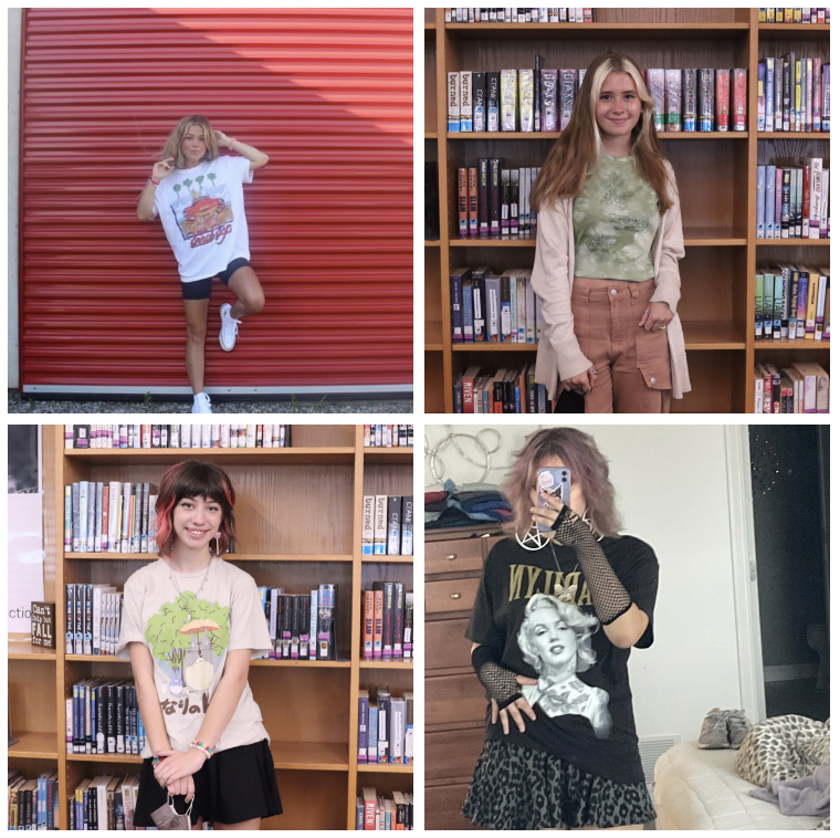 From left to right, Klaire Hourigan, Ellen Bray, Mina Austin, and Audrey Stepp wearing different styles of clothing. These students choose to show their personality through their clothes. "I just don't feel right if I don't leave the house in something over the top. I have to be that one person," freshman Mina Austin said.
