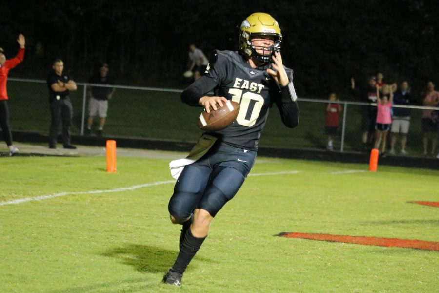 Junior, and quarterback of the team, Travis Egan, after getting a touchdown. Bullitt East lost the Sept. 10 game against Graves County with a score of 48-46. “I feel like we played good. We had to capitalize on a few things, but overall, we've come a long way, as a team,” Egan said, “Converting on third downs, and just running the ball (was some of the highlights). We did pretty good on that.”