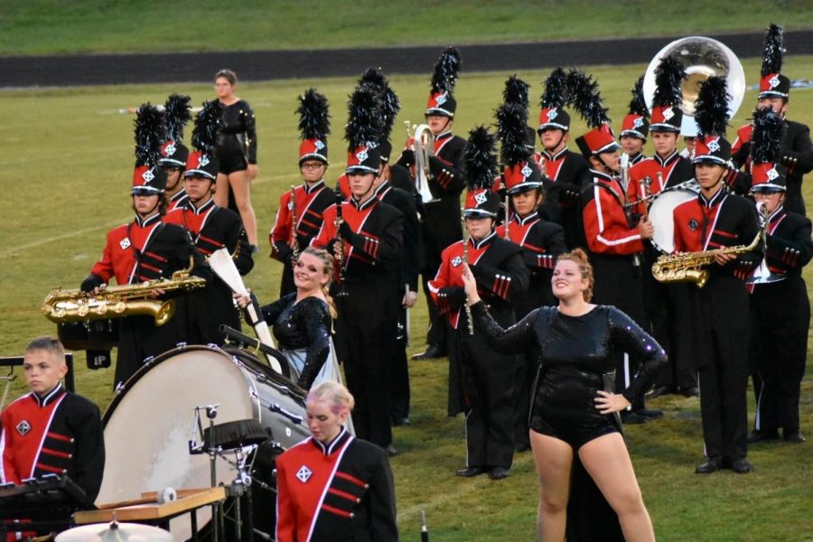 The marching band finishing out a performance. 