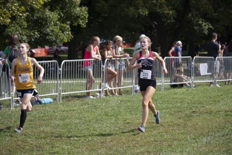 Junior Raelee Hawkins rushes towards the finish line in the Trinity Valkyrae meet. She has had strong finishes in every meet this season and has showed vast improvement coming off of her health struggles.