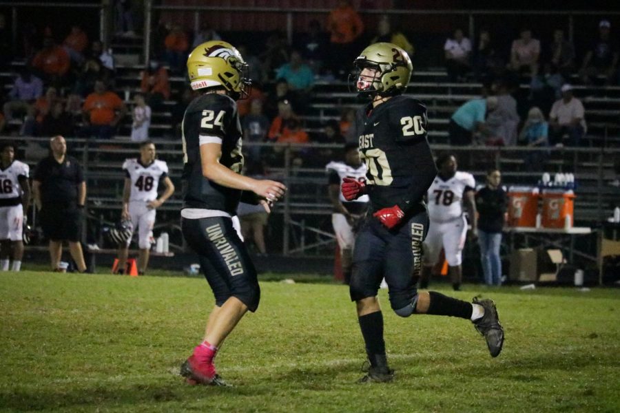 Junior Nolan Davenport celebrating touchdown during the third quarter. Bullitt East faced Fern Creek Oct. 8, and won for the first time in two years, 20-6. “We played pretty well. Our defense was shutting them down, and our offense did what they had to do to win the game,” Davenport said.