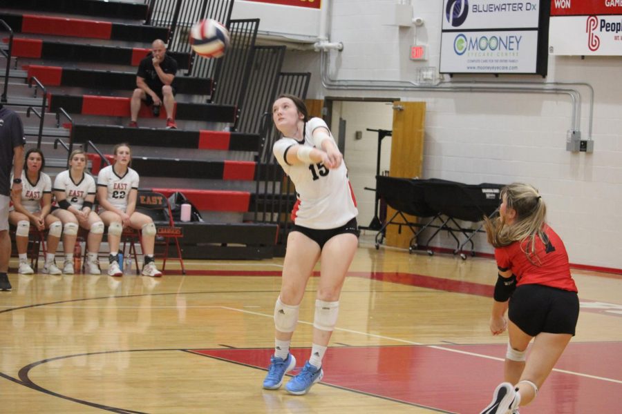 Bullitt East played their last home game against South Oldham Oct. 14. Senior Grace Satterfield hits the volleyball and returns it after a serve. "This game isn't just an athletic game, it's also a mind game and you have to have the right mindset to play. With that being said Thursday against South Oldham was a mindset game. South Oldham wanted to win the game but so did we. We never gave up in that game and to me that shows a great mindset," Satterfield said.