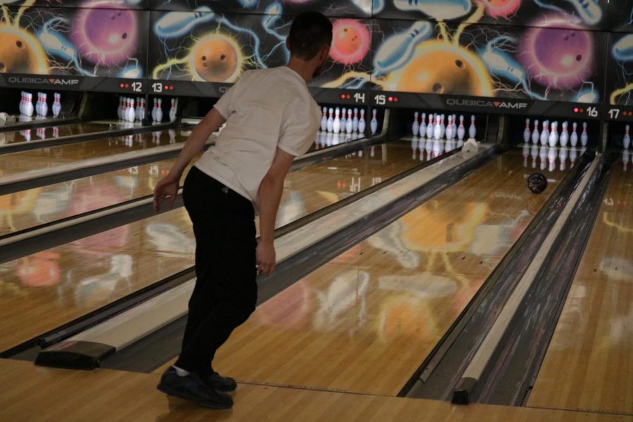 Senior Austin Hale bowling in the first bakers match. Nov. 10, Bullitt East lost against PRP with a score of 436-296, Chargers. “I feel that we played pretty well. I mean, PRP is a hard team to beat; they are probably the best in the state, and it's going to take a lot of practice and consistency in our players to keep up with them. Some kids kept it real most of the time, but other kids lost their cool because they got frustrated, because bowling is a hard sport. It's all mental,” Hale said.