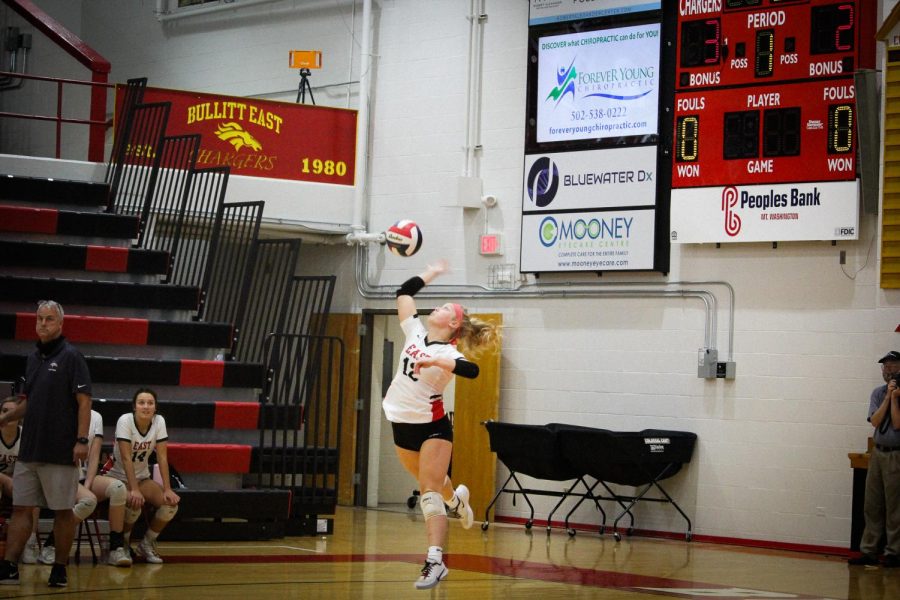 Senior Morgan Butler serves against Bullitt Central after serving a perfect game against North Bullitt earlier in the week.