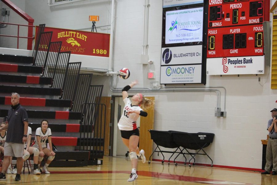 Senior Morgan Butler serves against Bullitt Central after serving a perfect game against North Bullitt earlier in the week.