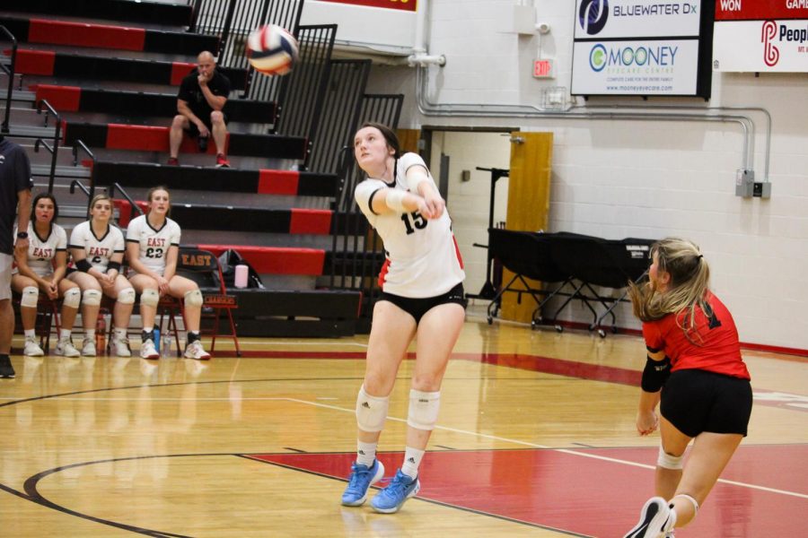 Senior Grace Satterfield ready to hit the ball into the air for someone to set the ball.