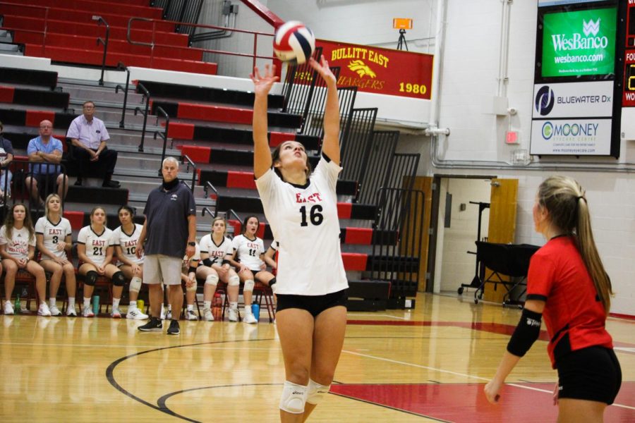 Senior Emily Huntsman sets up the ball to allow teammates to attack it.