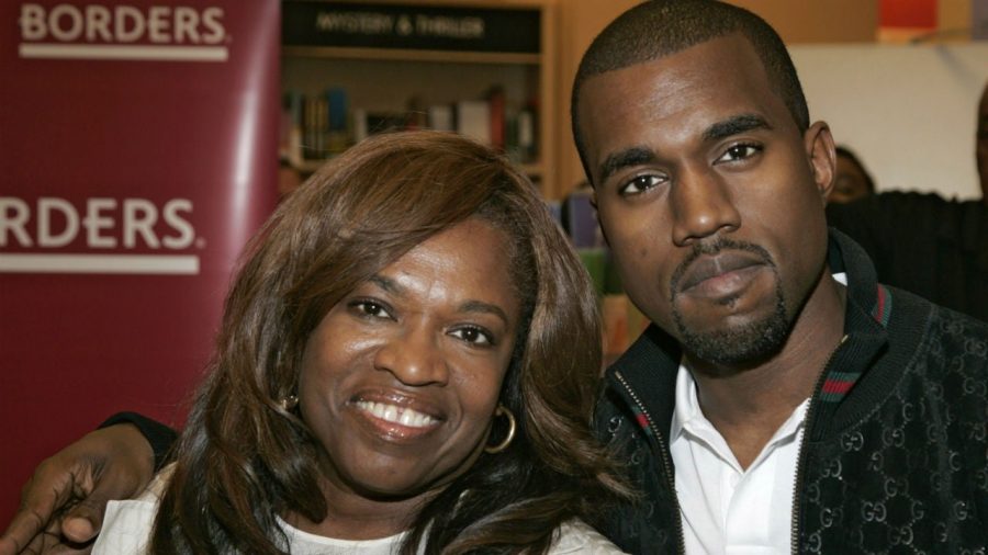 Kanye West poses with his late mother Donda West. Kanye curated this album around the sounds that remind and connect him to his mother and tries to honor her the best way that he can. 