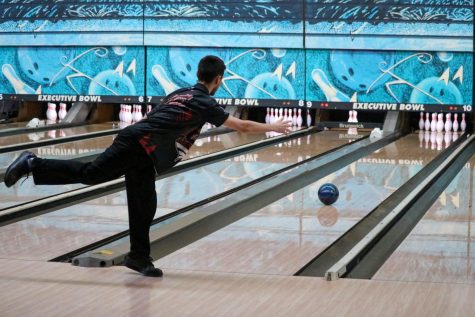 Senior Austin Hale bowling at the singles state tournament. Hale believes he could have done better at the singles state tournament, but that the overall season went pretty well.