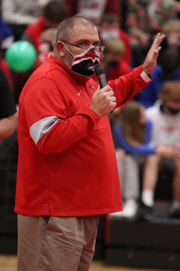 Speaking, Chris Mason gives directions to students during an assembly. Mason provided strong leadership during his run and changed the school for the better. We have worked extremely hard to have a culture of inclusion and our population continues to become more diverse, Mason said.