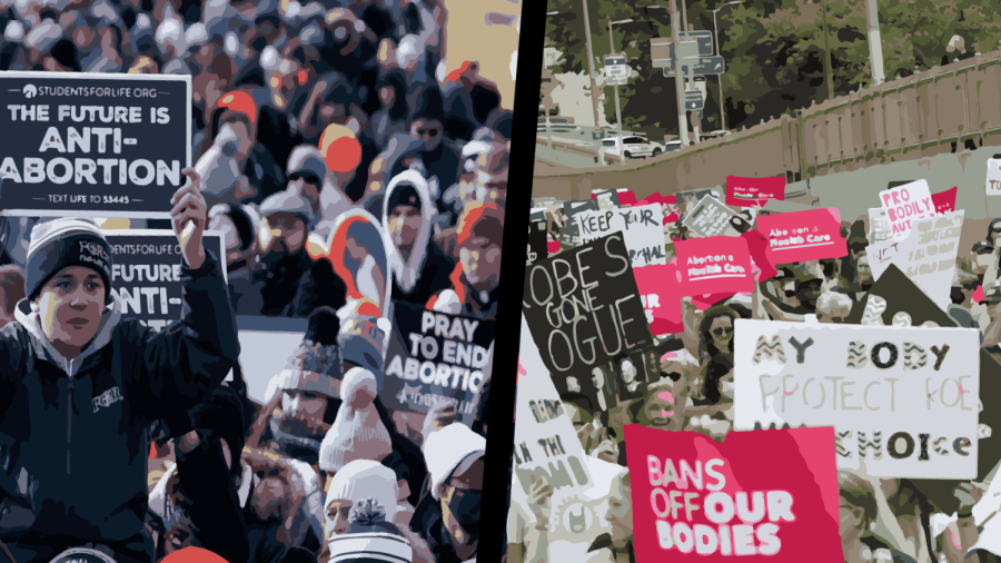 Opposing sides of the abortion argument protest. Those on the left are pro-life, and those on the right are pro-choice. 