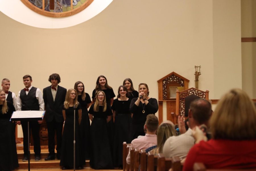 Choral director Carrie Gary takes a moment to speak between songs. For the advanced choir, practice starts from that very first day of school. “We look at our first song and then we just practice practice practice,” Gary said.
