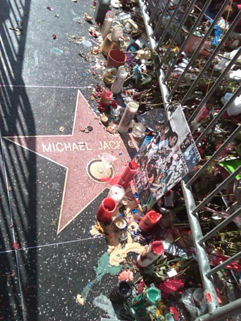Michael Jacksons star on the Hollywood Walk of Fame, honored and decorated by fans after his passing.