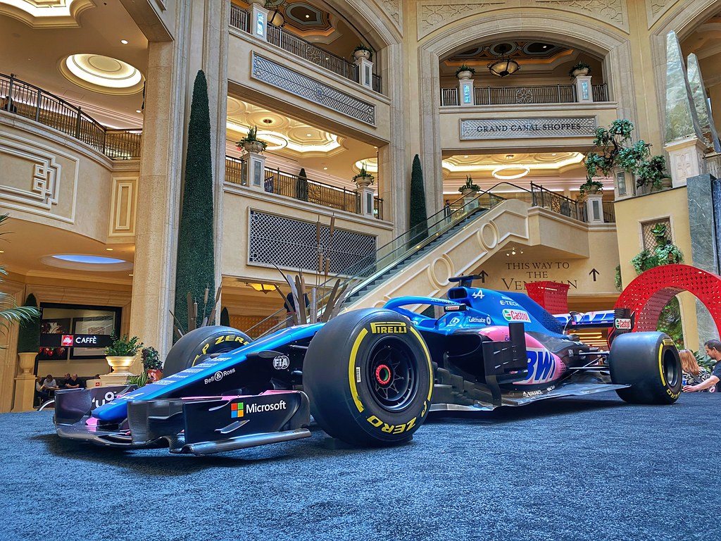 The 2023 Alpine F1 Race car in the Belagio Hotel Lobby. 