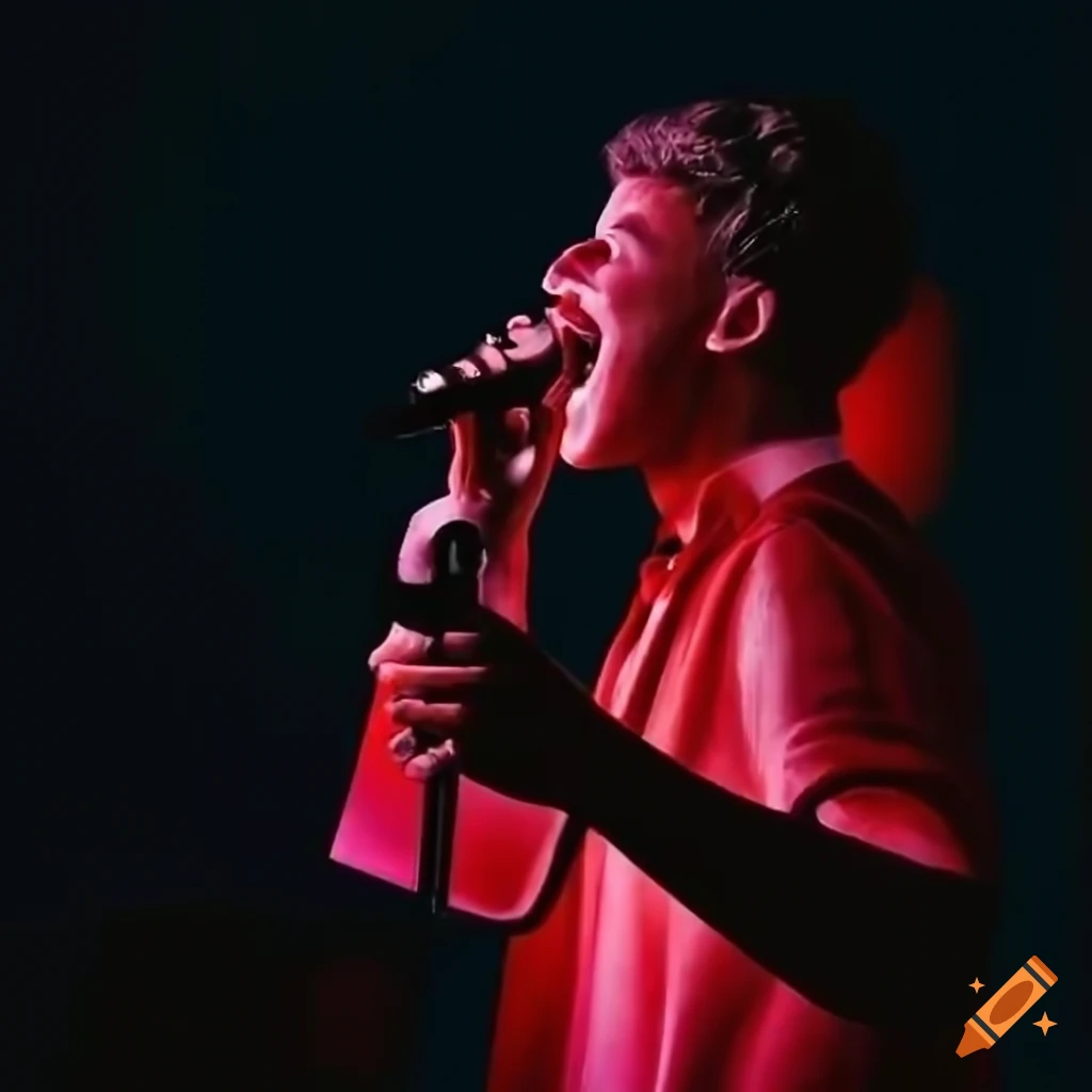 "Musician singing into microphone." An image generated by "Craiyon". (Artificial Intelligence)