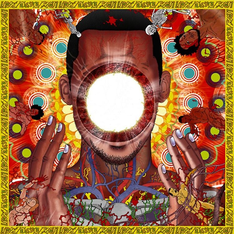 The album cover for Flying Lotus  fifth studio album, Youre Dead!, illustrated by Manga Artist Shintaro Kago showcasing a large figure with many of FlyLos deceased loved ones floating around the figure.