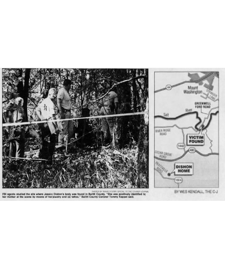 Both images clipped from an article from Wed, Sept. 29, 1999. (Left) FBI agents discovering Jessica's body. Image taken by Travis Doster.
(Right) The location of her body in the context of her home and the city. Graphic by Wes Kendall.